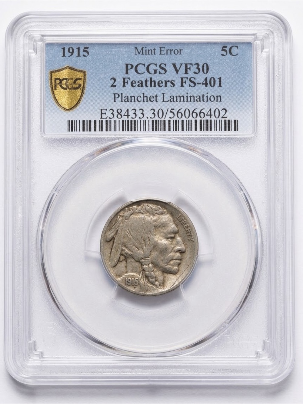 1915 Buffalo Nickel 2 Feathers FS-401, Planchet Lamination Mint Error, PCGS VF30
